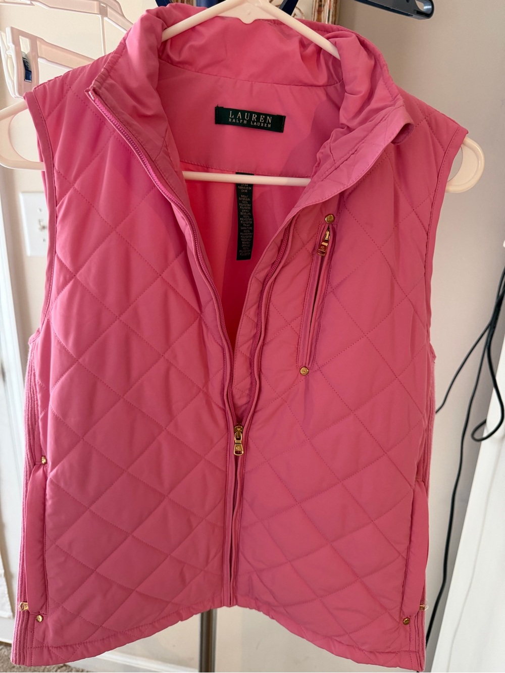 Ralph Lauren Pink Quilted Sleeveless Vest with Gold Hardware